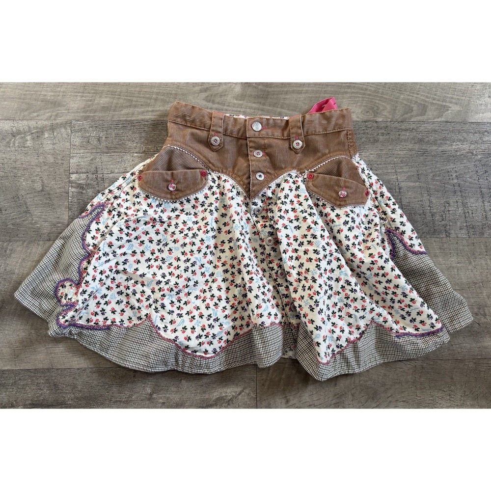 Oilily Floral Western Brown Plaid Cowgirl Corduroy Skirt Girls Sz 116 - 5/6 yrs